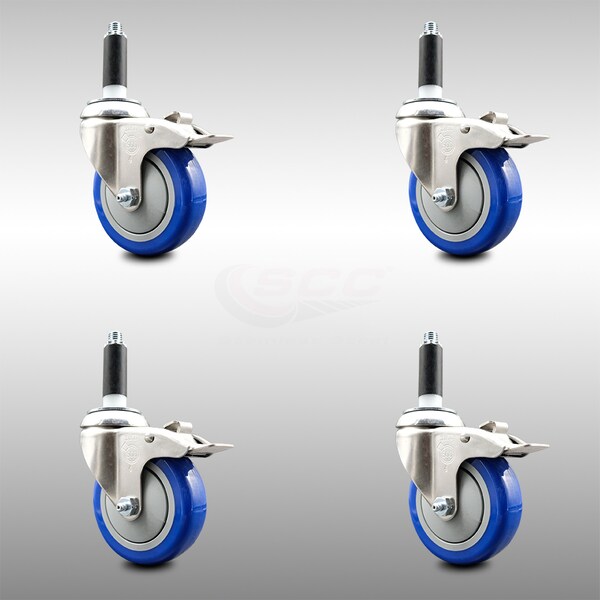 Service Caster 4 Inch 316SS Blue Poly Swivel 3/4 Inch Expanding Stem Caster Set Lock Brake SCC-SS316TTLEX20S414-PPUB-BLUE-34-4 - main